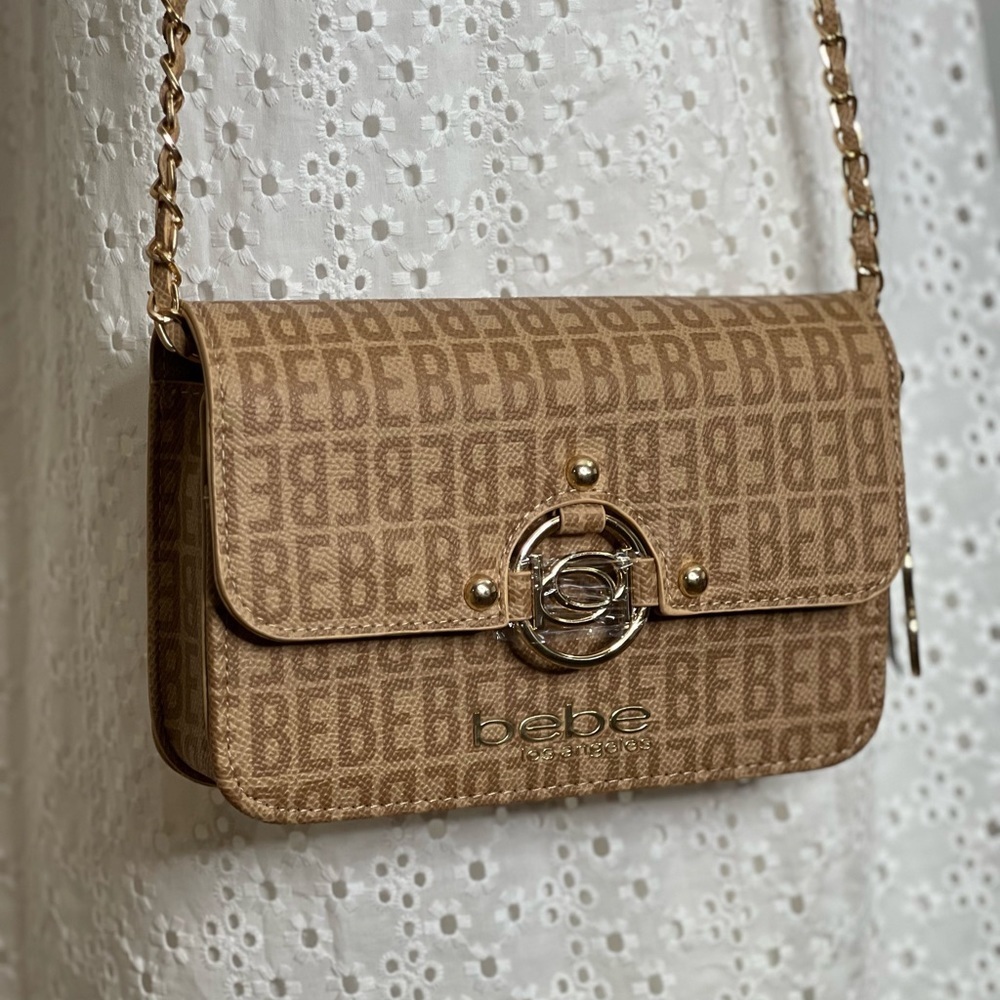 Bebe Womens shoulder Bag brown almond Gold charm kira crossbody logo tan new